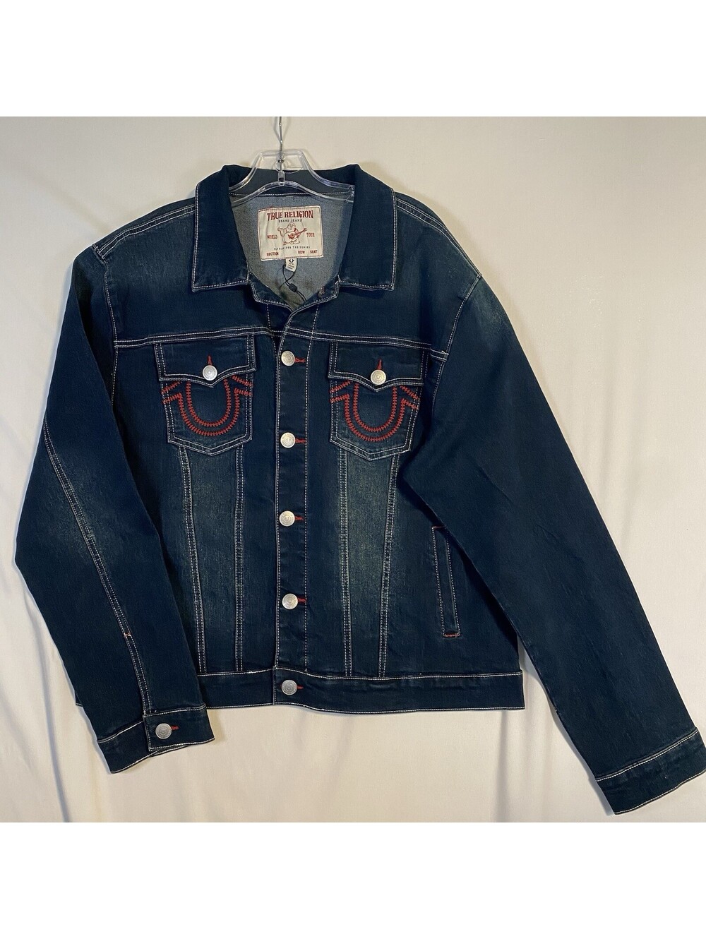 True Religion Jacket Men's L Blue Cotton Denim Western Faded Collared $184 MSRP